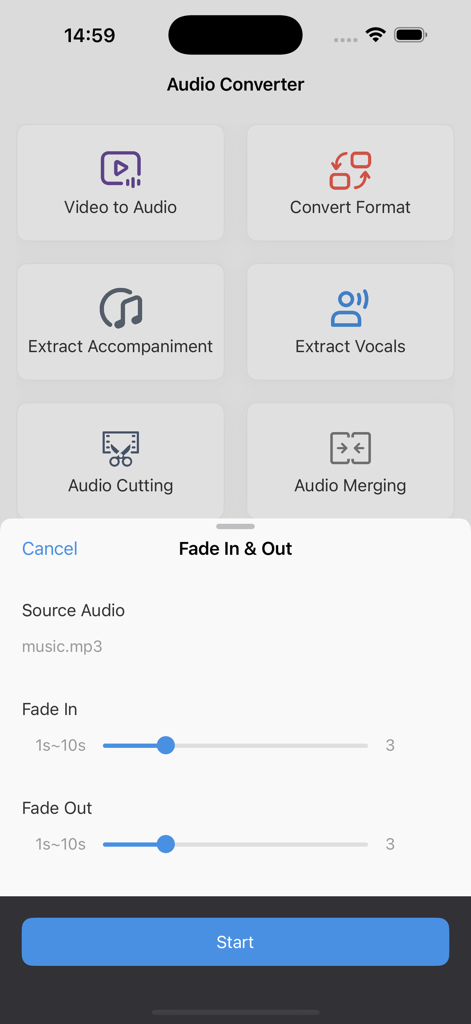 Audio Converter: Audio Editing - Interfaz de la aplicación Audio Converter que muestra las opciones del menú principal y los controles deslizantes de ajuste de fundido de entrada y salida para la edición de audio