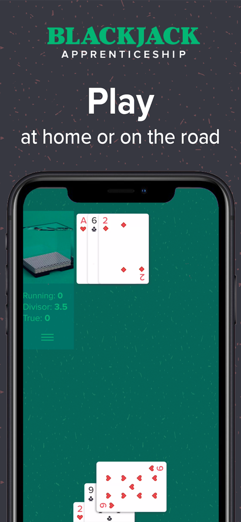 Blackjack & Card Counting Pro - Blackjack and card counting training app interface on a smartphone screen with the text Play at home or on the road