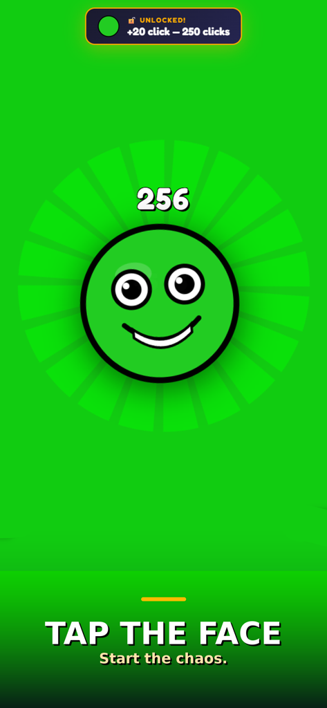 Pantalla de juego de Fun Clicker Brainrot con un personaje de cara sonriente verde y una instrucción de tocar