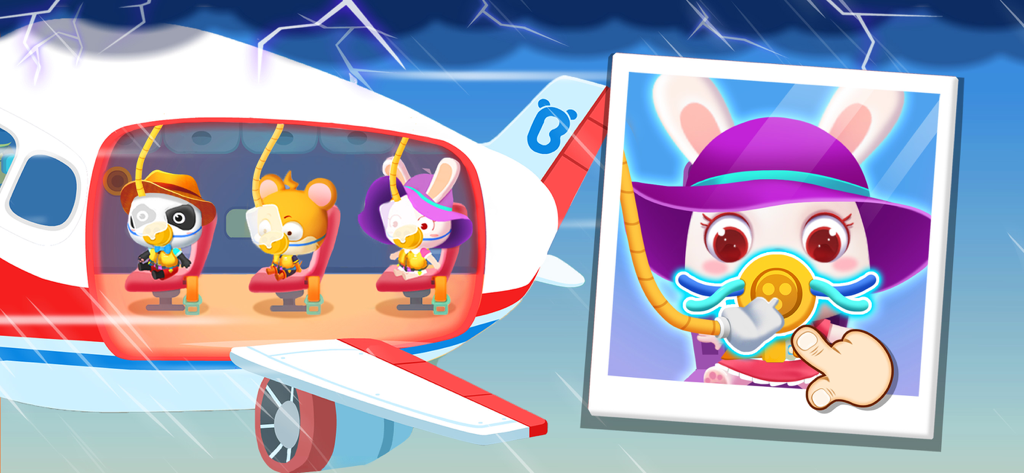 Characters wearing oxygen masks during an airplane flight in Baby Panda's Airport game