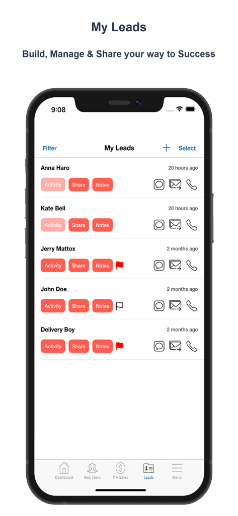 PlanNet Marketing Reps - Mobile app interface displaying a list of business leads with contact and tracking options