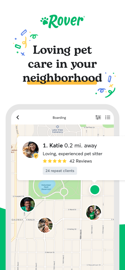 L'interface de l'application Rover affiche une carte permettant de trouver des gardiens et des promeneurs d'animaux de compagnie dans le quartier.