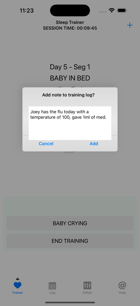 Baby Sleep Trainer - Adding a custom note to the baby sleep training log on an iPhone