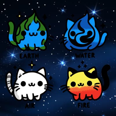 4 cats that represent the different elements, earth, water, air, and fire