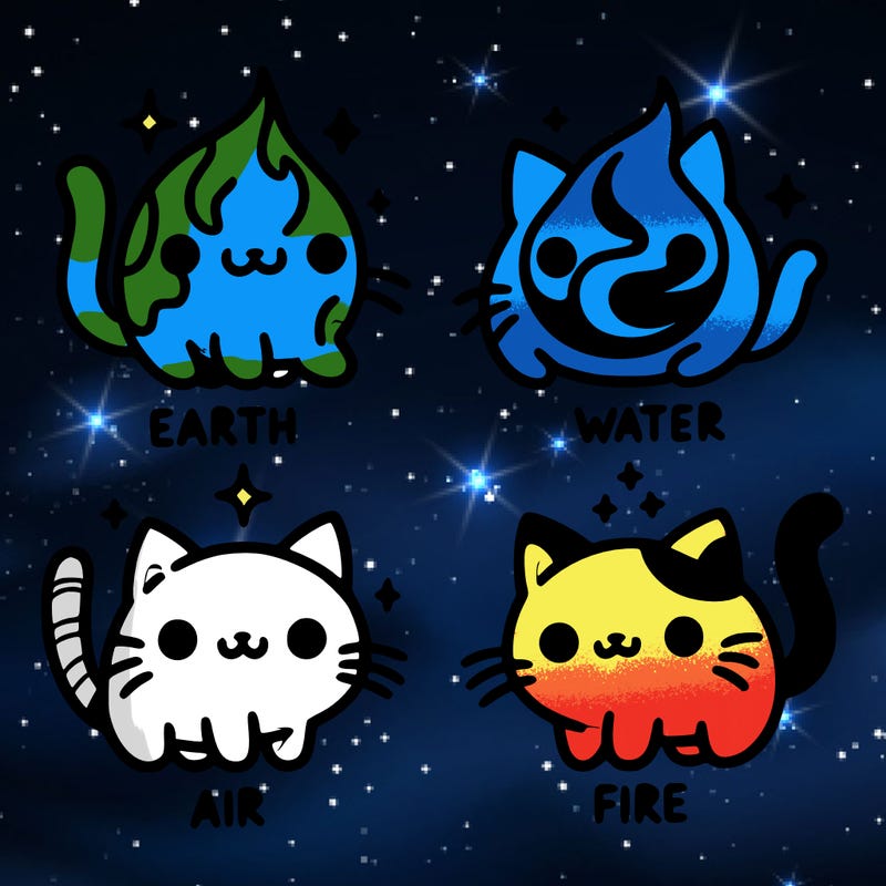 4 cats that represent the different elements, earth, water, air, and fire