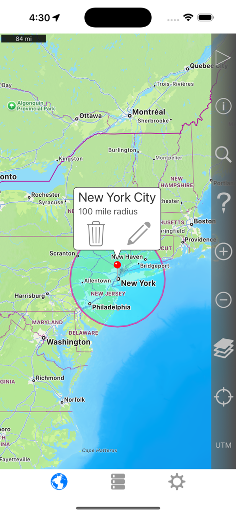 Um mapa mostrando um círculo de raio de 100 milhas centrado em Nova York com a interface do aplicativo Radius on Map