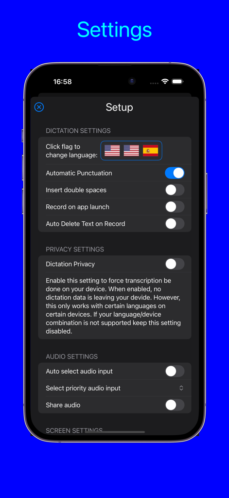 Dictation Pro - Voice to Text - Settings screen of the Dictation Pro app showing options for language selection privacy and audio configurations