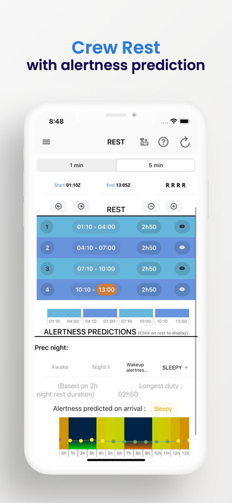 Pilot Tools - El módulo de descanso de la tripulación y predicción de alerta de la aplicación Pilot Tools mostrando horarios de descanso y pronóstico de fatiga.