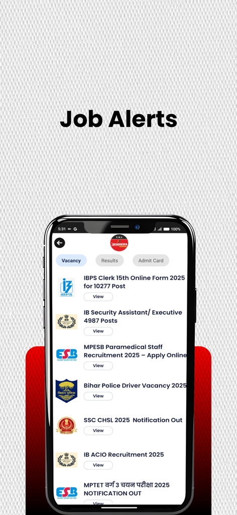 Winners Institute app interface showing a list of Indian government job vacancies and alerts