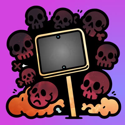a white sign in the middle of the image with a few skulls around it
