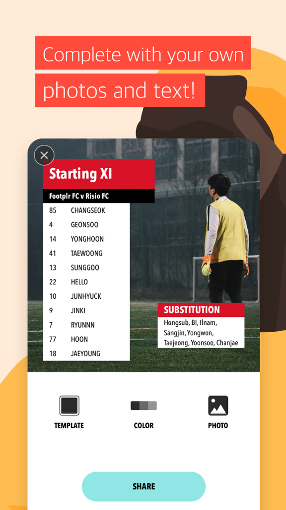 Sports Studio - Interfaz de la aplicación Sports Studio que muestra una plantilla de alineación titular de fútbol personalizable con nombres de jugadores y lista de sustituciones