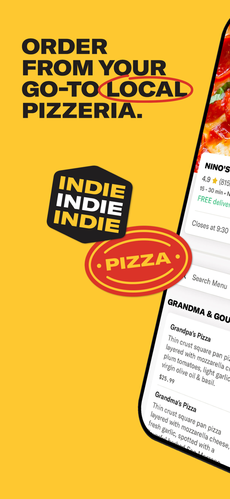 Un écran promotionnel pour l'application Slice avec le texte Commandez auprès de votre pizzeria locale préférée et une interface mobile montrant les options de menu des restaurants locaux.