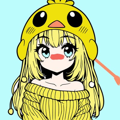anime girl with chick shaped hat with sweater with bare shoulders with bangs covering them one eye with low tail