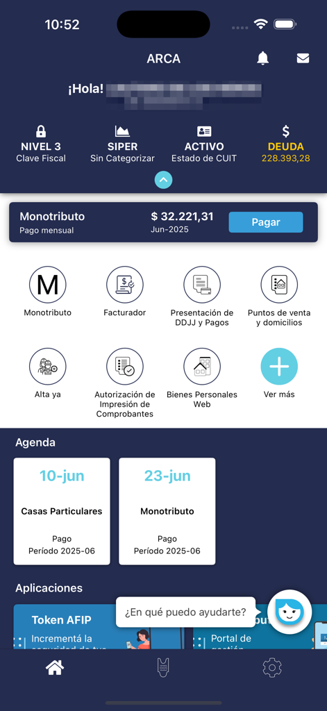 ARCA Movilアプリのダッシュボード、税金状況の債務と支払いショートカットを表示
