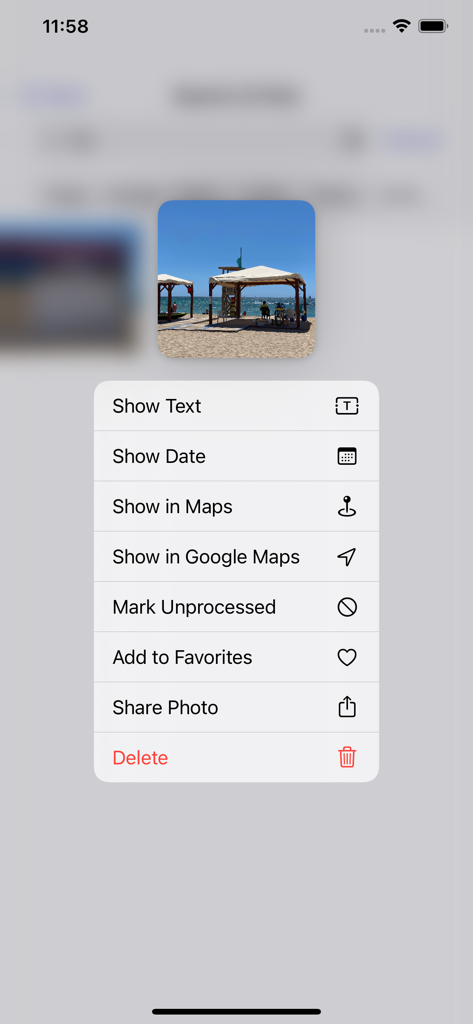 Action menu for a photo in the Photos Search Text app showing options to extract text and view locations in Maps.