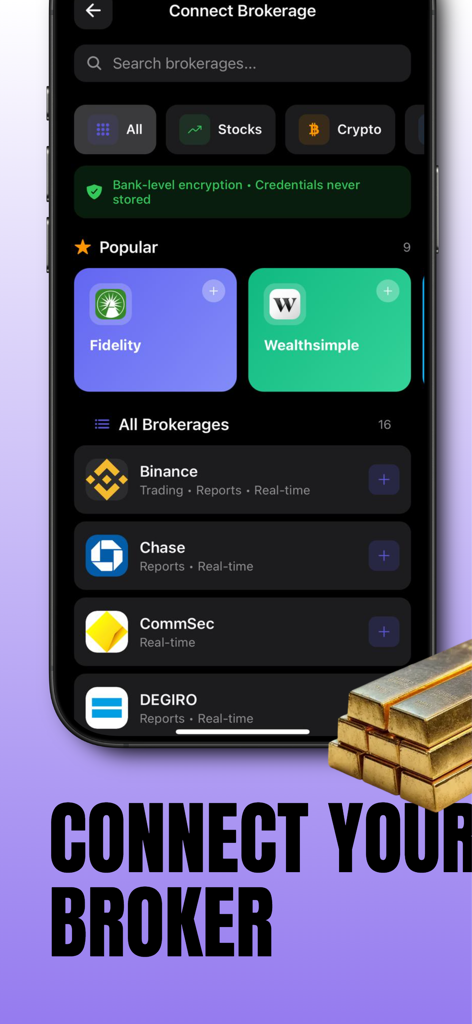 novo-x - Interface of the NOVOX app showing options to connect various stock and crypto brokerages with bank-level encryption.
