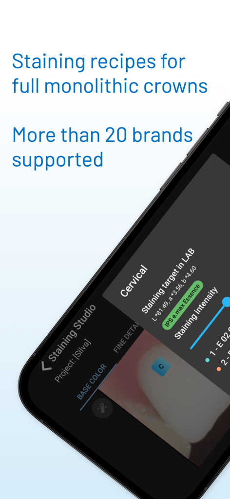 Matisse | Shade Matching - Matisse mobile app showing staining recipes for monolithic dental crowns
