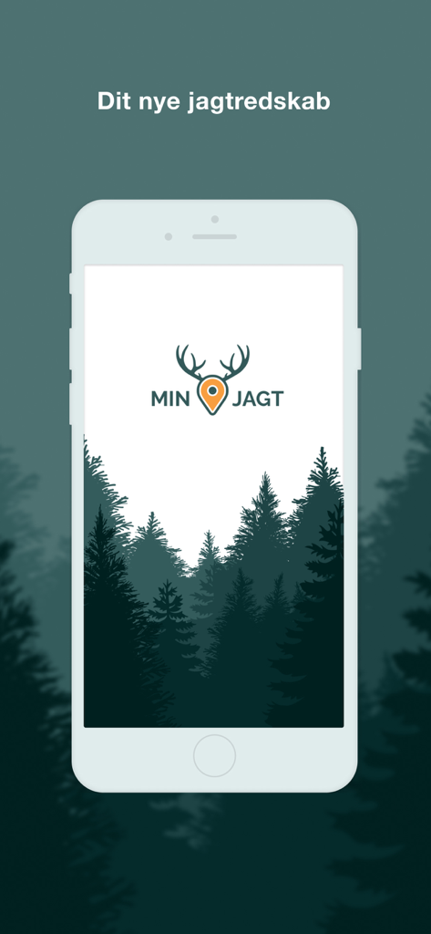 Écran de démarrage de l'application de chasse Min Jagt avec le logo et une silhouette de forêt de pins
