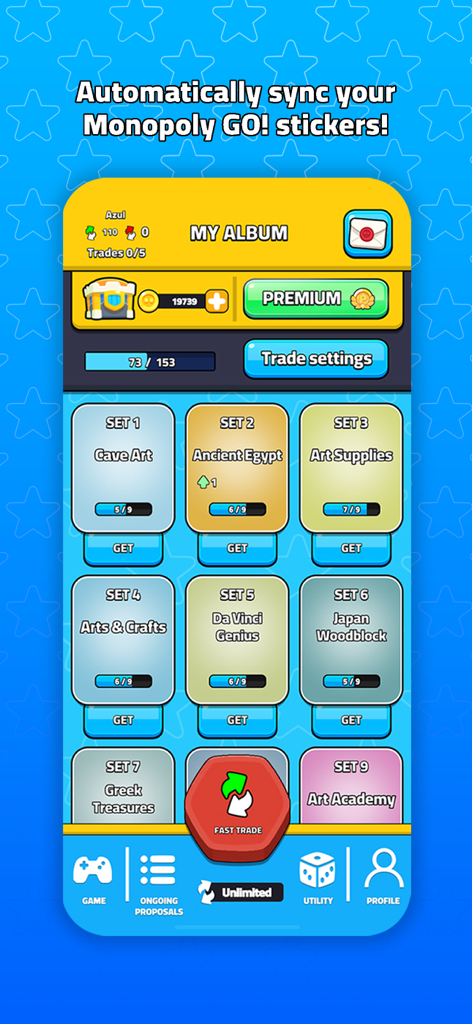 Sticker Trade - Sticker Trade app interface displaying automated Monopoly GO sticker album sync and collection progress