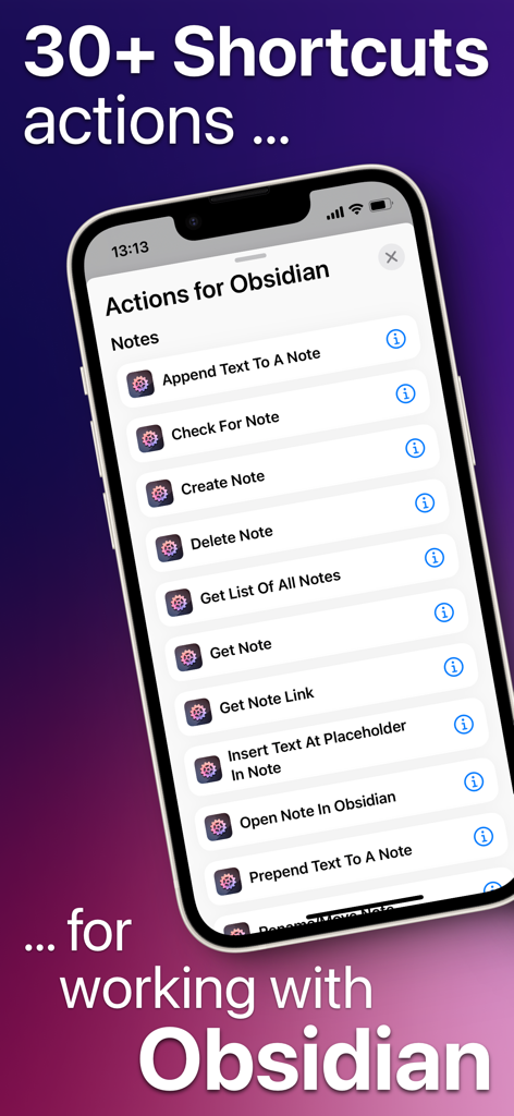 Actions For Obsidian - Ecrã de smartphone mostrando uma lista de ações de atalhos disponíveis para automação de notas Obsidian