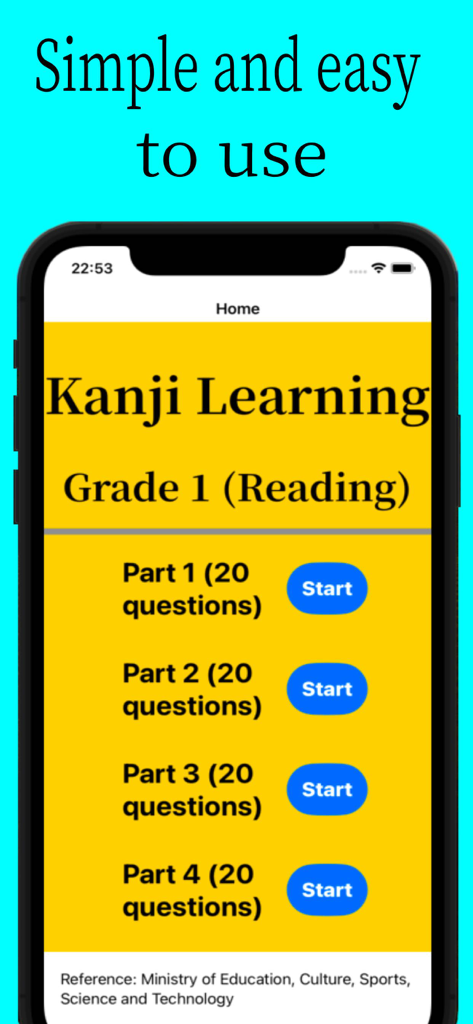 Japanese Kanji. - The Japanese Kanji app main menu showing Grade 1 reading practice lessons