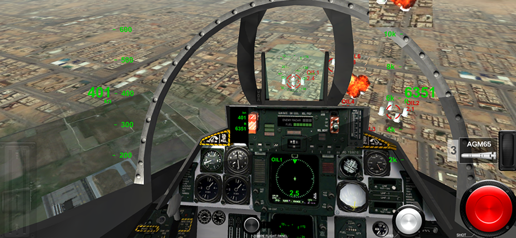 Vista della cabina di pilotaggio in prima persona in AirFighters Combat Flight Sim che mostra HUD e puntamento per missioni a terra