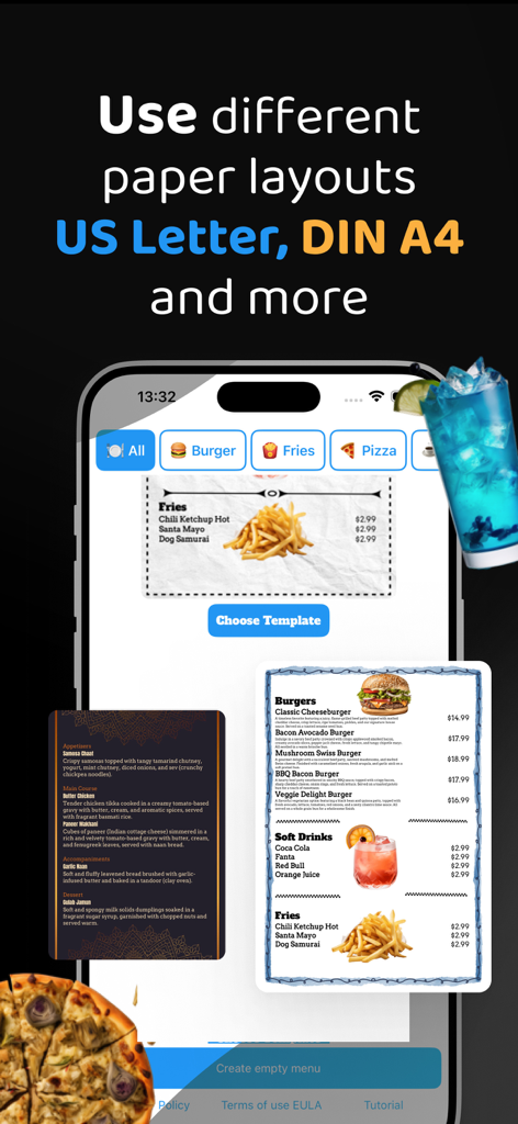 Menu Maker - Price List PDF - Menu Maker app interface showing various restaurant menu templates and options for US Letter and A4 paper layouts.