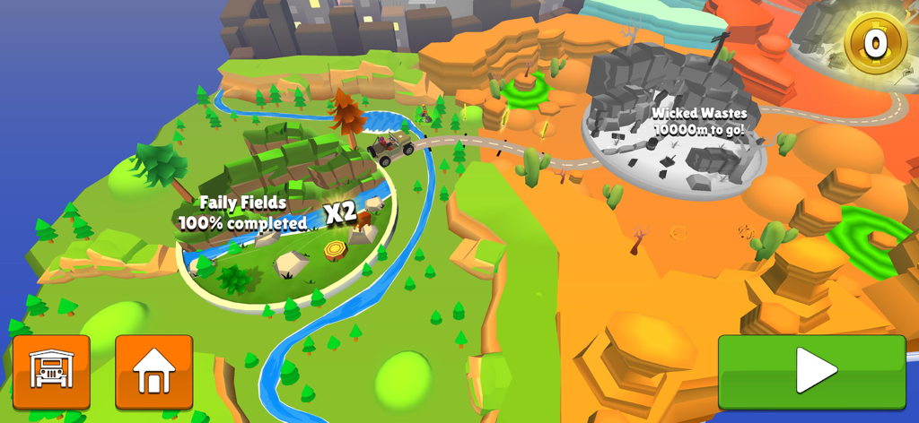 Faily Brakes Roadtrip - Level selection screen showing world map with Faily Fields and Wicked Wastes zones