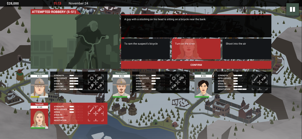 This Is the Police 2 - Gameplay screenshot of This Is the Police 2 showing a tactical choice during an attempted robbery with police officer stats