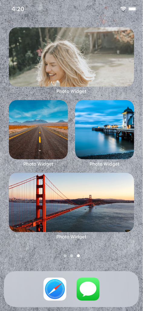 Photo Widget Easy - An iPhone home screen featuring several aesthetic photo widgets with portraits and landscape photography