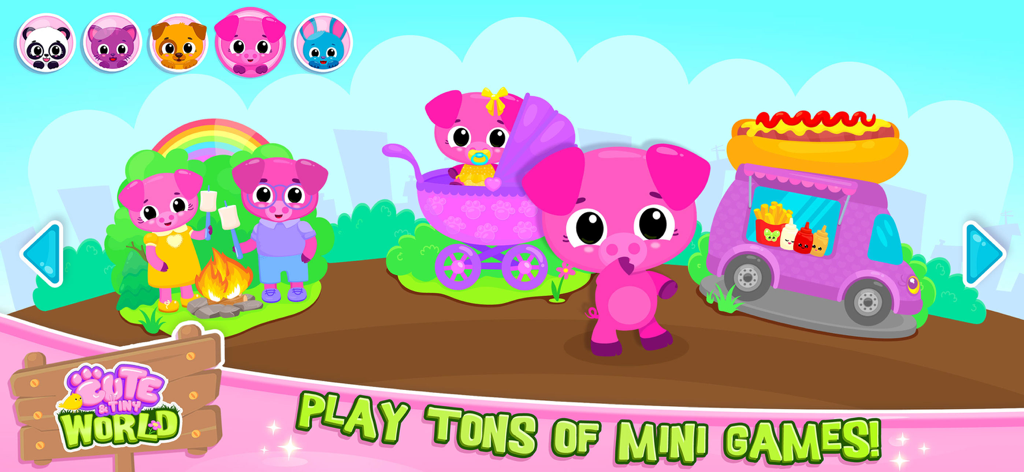 Pink pig characters exploring different mini-games in Cute and Tiny World