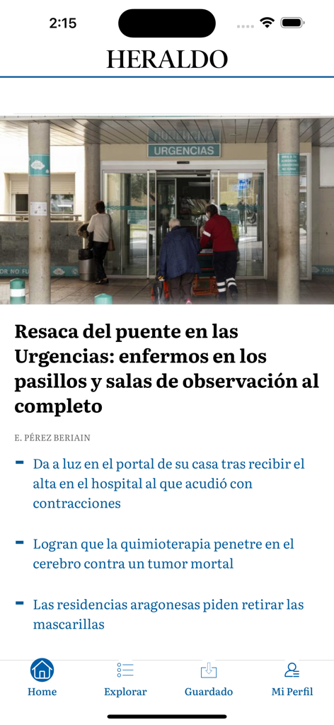 Interface mobile de l'application d'actualités Heraldo de Aragon affichant les titres locaux