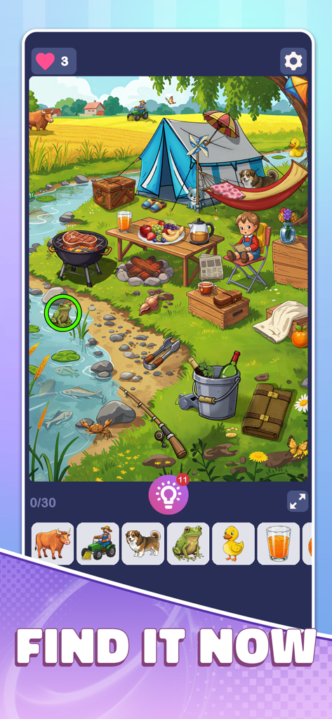 Find Fast:Hidden Objects - Find Fast の隠しオブジェクトゲームの穏やかな手描きのキャンプシーン。テント、ピクニックテーブル、見つけるべき様々な隠されたアイテムが特徴です。