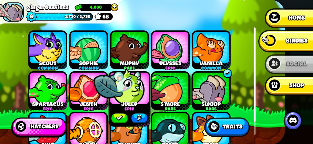 Character selection menu in Super Flappy Golf showing a grid of collectible birdies with different rarities like common rare and epic