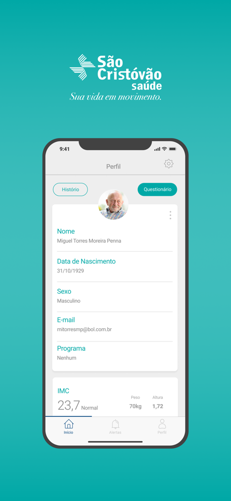 São Cristóvão Saúde - Screenshot of the profile screen in the Sao Cristovao Saude app showing personal information and BMI data