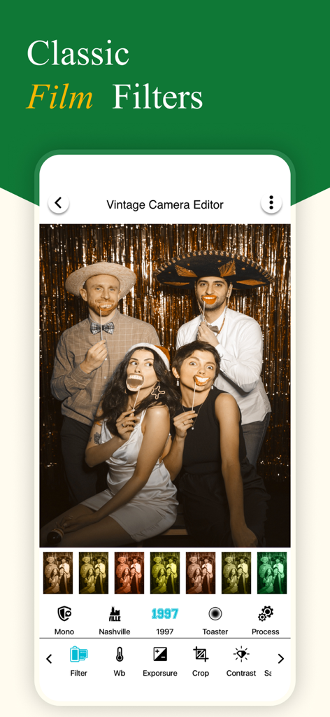 VHS Cam－Vintage Camera Filter - Interfaz de la app VHS Cam mostrando filtros de película vintage aplicados a una foto de fiesta.