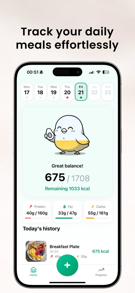 Caloree: AI Calorie Counter - Interfaz de la aplicación contadora de calorías con IA Caloree que muestra los objetivos diarios de ingesta de calorías y el desglose de macros