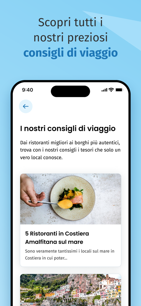 Pantalla de la aplicación TravelmAR que muestra consejos de viaje y recomendaciones de restaurantes locales para la Costa Amalfitana