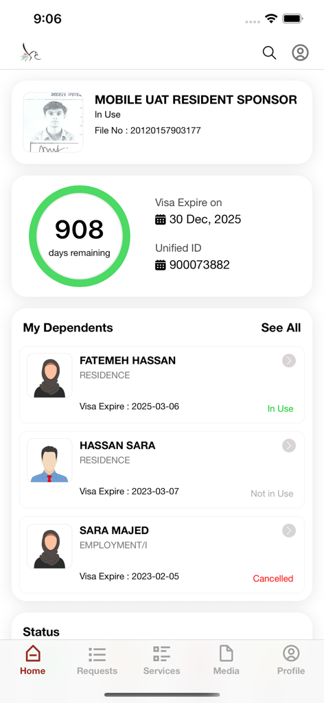 GDRFA DXB - GDRFA DXB mobile app home screen showing visa validity and sponsored dependents status