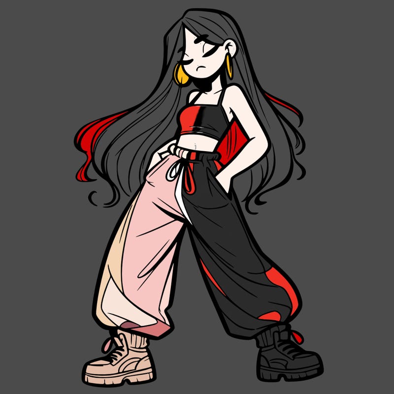 girl in baggy pants crop top and long hair