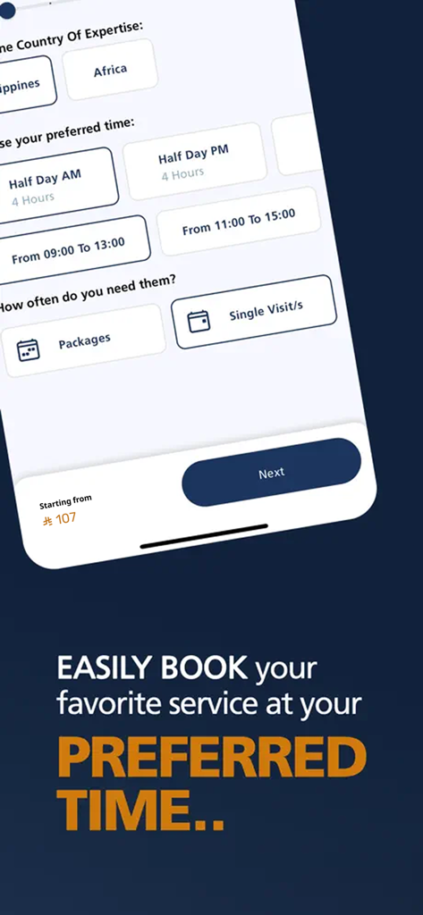 Jawahr - Domestic workforce - Jawahr app booking screen showing time slot selection and worker preferences