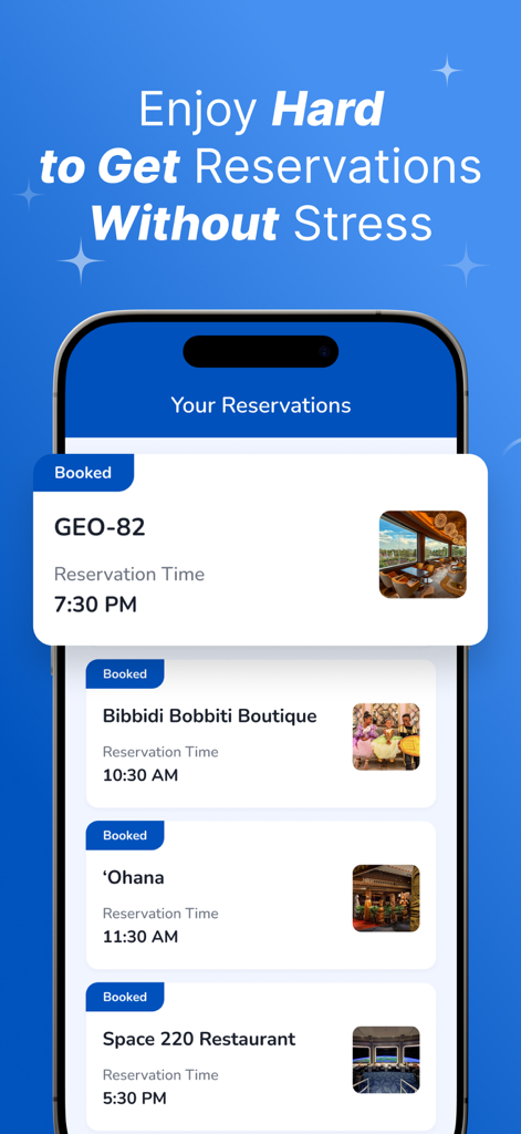 DreamTable: Mouse Watcher - Screenshot of DreamTable app showing a list of booked Disney dining and experience reservations like Ohana and Space 220