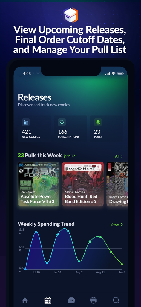 Comic Geeks App-Oberfläche, die bevorstehende Veröffentlichungen, wöchentliche Abos und eine Ausgaben-Trendgrafik anzeigt