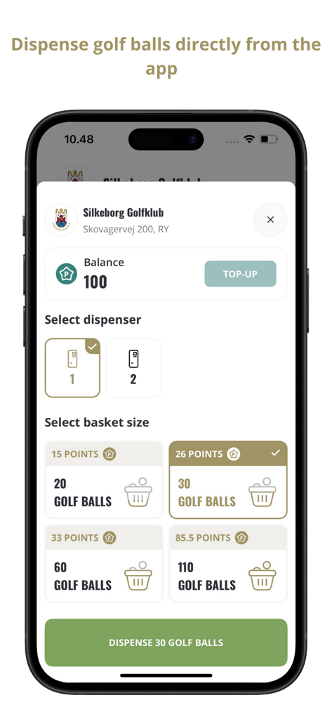 GolfMore - GolfMore app interface for dispensing driving range golf balls from a smartphone.