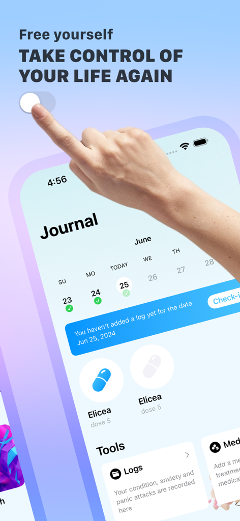 Pantalla de smartphone que muestra una interfaz de diario de salud mental y seguimiento de medicación.