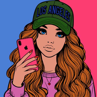 realistic beautiful girl wearing los ángeles cap holding an iphone