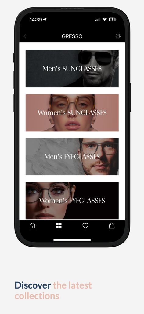 GRESSO | Titanium Eyewear - Gresso mobile app screen displaying categories for men and women sunglasses and eyeglasses