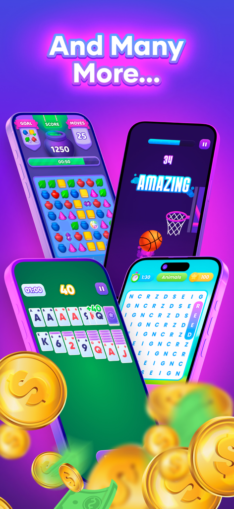Display of various skill-based games on the Thrillz app including Solitaire and Match-3 with gold coins