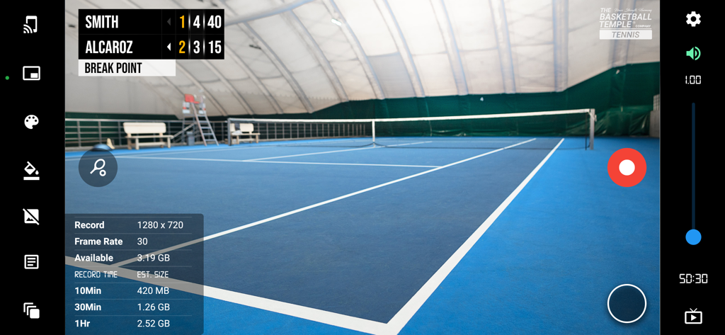 A mobile app interface showing a tennis match being recorded on an indoor blue court with a live score overlay and recording settings.