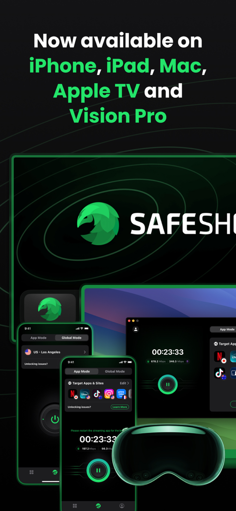 SafeShell VPN: Fast & Secure - SafeShell VPN interface across iPhone Mac and Apple Vision Pro